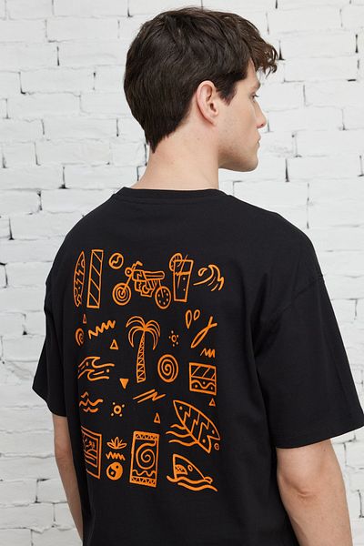 AC&Co / Altınyıldız Classics Pánské černé tričko Boxy Fit Crew Neck 100% bavlna s potiskem
