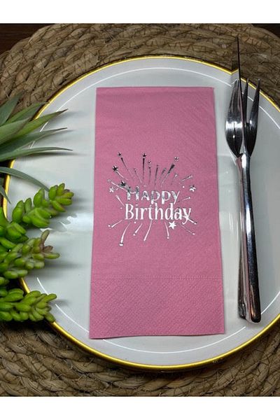 kidspartim Ασημί επιχρυσωμένο ροζ Happy Birthday Waiter Πτυσσόμενο χαρτοπετσέτα 16 τεμαχίων