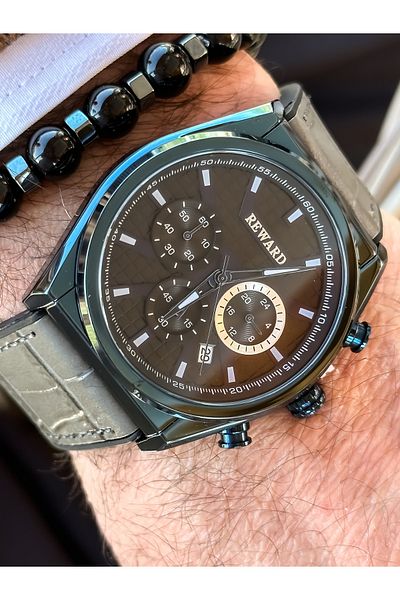 Reward Brand Smoked Color Leather Strap, Functions Active Square Dial Men's Wristwatch + Bracelet