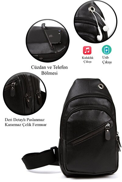 Newish Polo Unisex Siyah Deri Kulaklık Çıkışlı Çapraz Askılı Bel Omuz Çanta G...