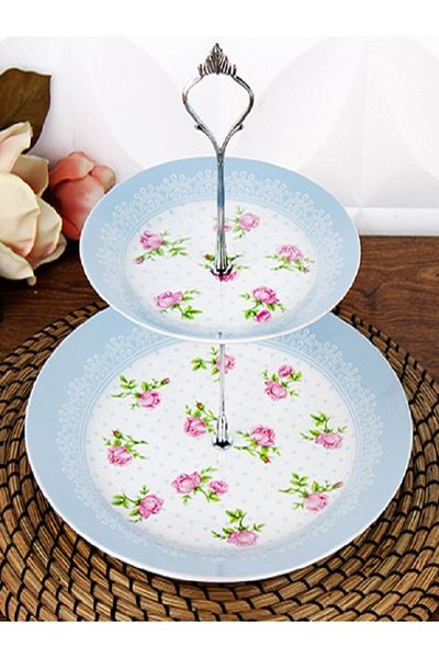 Kazanabil Rose Patterned Ceramic 2-Tier Cookies and Treats Bowl Blue
