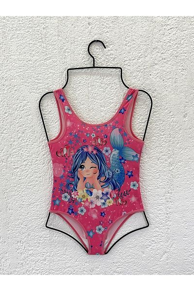 Rs Ramuni Girl's Swimsuit Mermaid Printed Pink Patterned Digital Printed Sea Pool Swimsuit