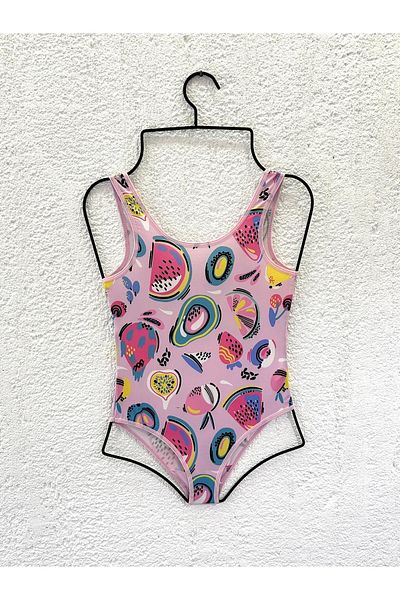 Rs Ramuni Girl's Swimsuit Tropical Fruits Patterned Digital Printed Sea Pool Swimsuit