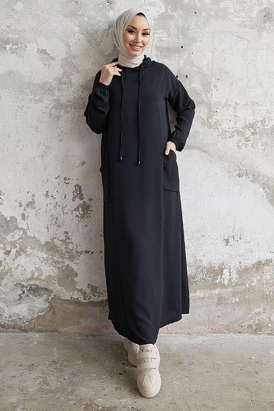InStyle Helya Hooded Pocket Casual Dress - Black