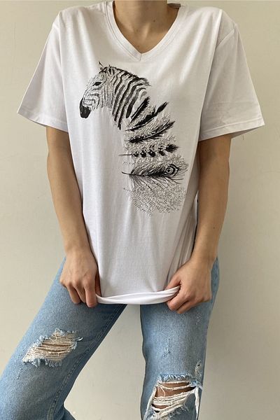 FEMELLE Tricou alb pentru femei, cu decolteu în V, cu model zebră, brodat cu paiete
