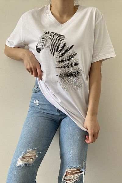 FEMELLE Tricou alb pentru femei, cu decolteu în V, cu model zebră, brodat cu paiete