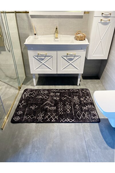 Brillant Etnik Desenli Tekli Banyo Paspası - Siyah (ebat 60x100)