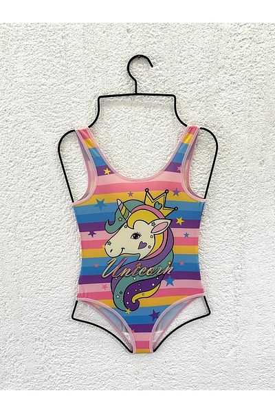 Rs Ramuni Rainbow Unicorn Patterned Digital Printed Girls' Swimsuit - Sea Pool Swimsuit