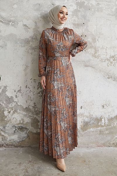 InStyle Pelda Patterned Belted Satin Dress - Brown
