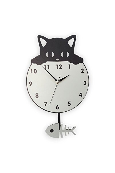 CajuArt Wooden Swinging Pendulum Black Cat and Fishbone Wall Clock Decor
