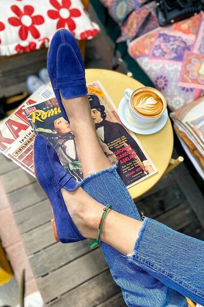 SHOEBELLAS Oslo Lacivert Deri Kadın Babet