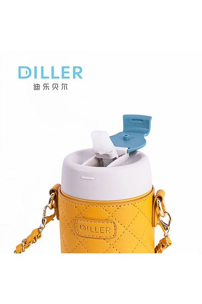 DILLER 300 Ml Steel Flask with Lock Lid Straw and Leather Case with Carrying Strap 6 Hours Hot/Cold