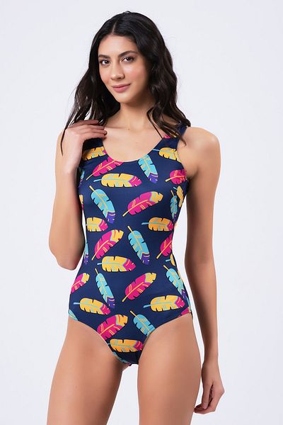 vawensea Women's Colorful Feather Patterned Swimsuit Navy Blue