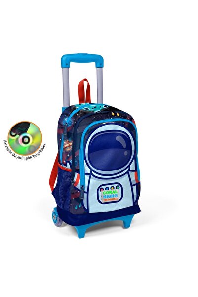Coral High Kids Saks Mavi Astronot Desenli Üç Bölmeli Işıklı Tekerlekli Çekçe...