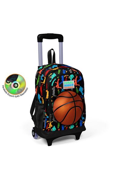 Coral High Kids Black Basketball Patterned Three Compartment Lighted Wheeled Wheelchair School Backpack 233