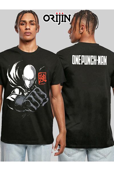 Orijin Tekstil Μαύρο μπλουζάκι One Punch Man Saitama εμπρός και πίσω με στάμπα Unisex