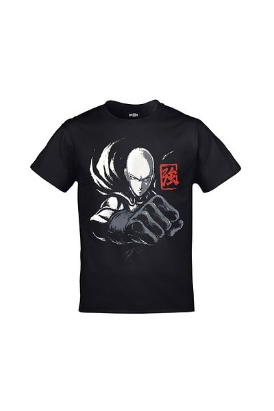 Orijin Tekstil Μαύρο μπλουζάκι One Punch Man Saitama εμπρός και πίσω με στάμπα Unisex