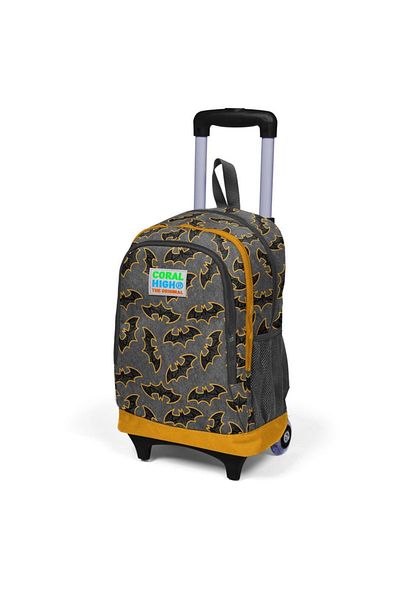Coral High Kids Dark Gray Mustard Bat Patterned Three Compartment Illuminated Wheelchair School Backpack