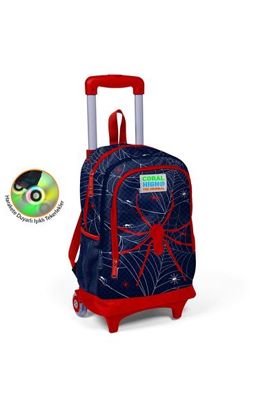 Coral High Kids Navy Blue Red Spider Patterned Three-Compartment Illuminated Wheelchair School Backpack Bell