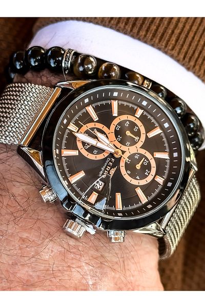 FERRO Brand Black Color, Steel Mesh Strap, Functions Active Men's Wristwatch + Bracelet