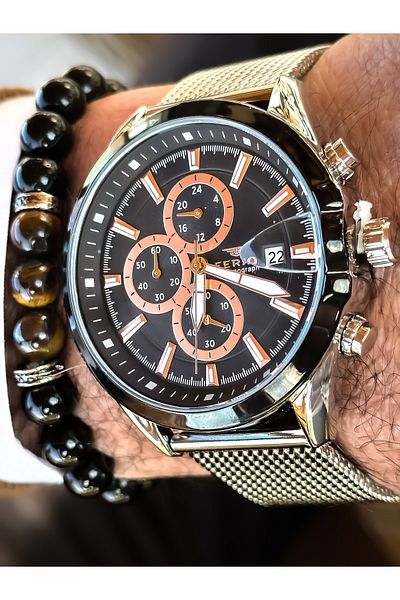FERRO Brand Black Color, Steel Mesh Strap, Functions Active Men's Wristwatch + Bracelet