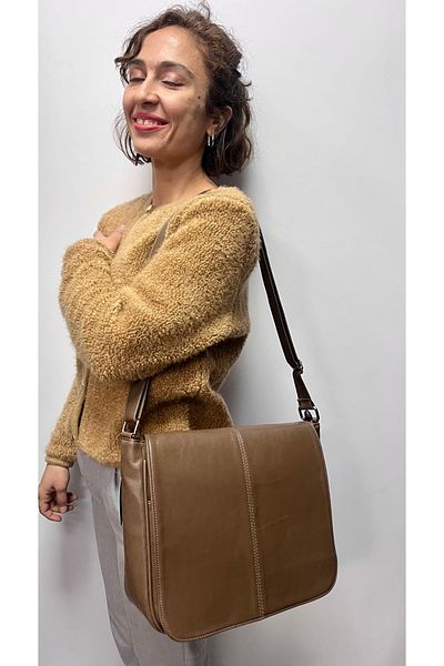 Akın Women's Mink Color Large Size Covered Messenger Bag Non-Peel Leather