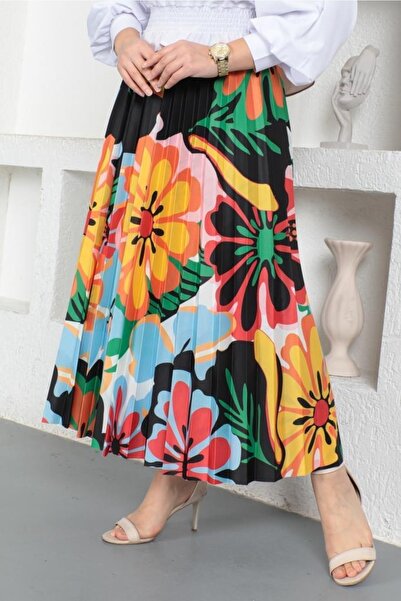 benguen 4546 Patterned Hijab Pleated Skirt Orange