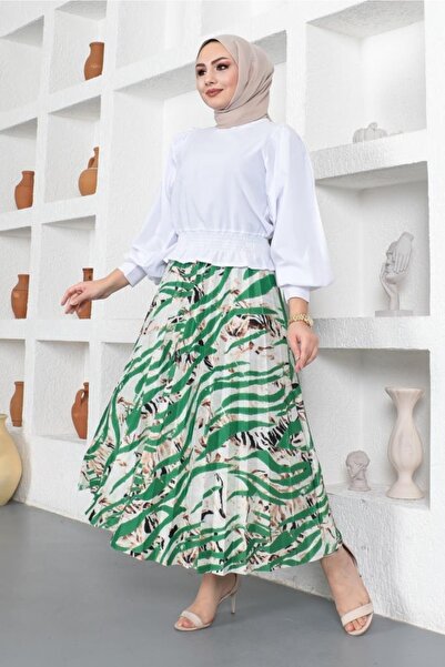 benguen 4525 Patterned Hijab Pleated Skirt Green