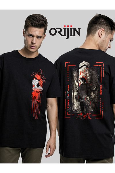 Orijin Tekstil Attack On Titan Shingeki No Kyojin Eren Yeager Μπροστινό πίσω εμπριμέ μαύρο μπλουζάκι unisex
