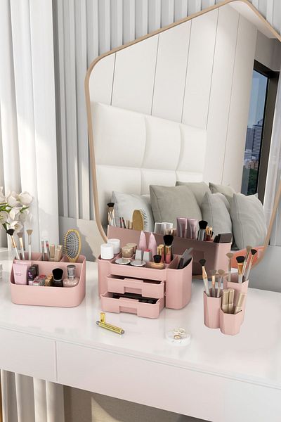 DOVİHOME Genius Makeup Organizer and Cosmetic Storage Box Organizer Set of 3 Powder Pink