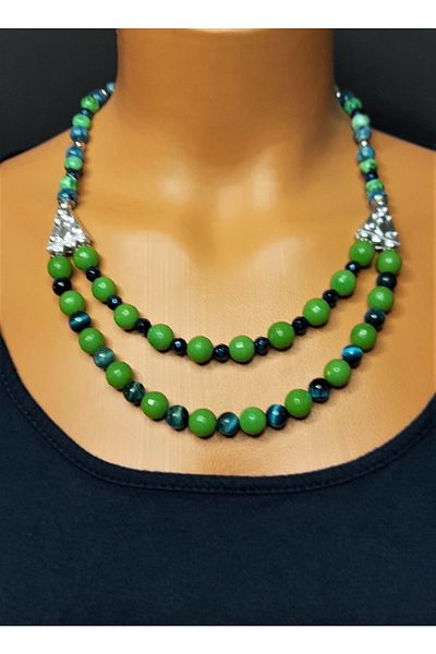 Asteria Elite Green Tiger Eye Ceyt Two Row Focus, Balance and Self-Confidence Necklace Bracelet Set