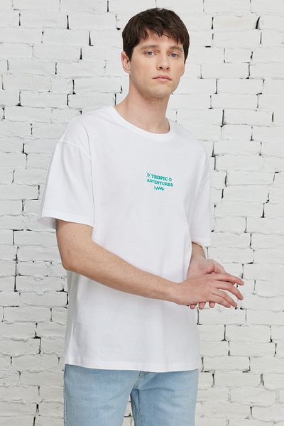 AC&Co / Altınyıldız Classics Erkek Beyaz Boxy Fit Bisiklet Yaka %100 Pamuk Baskılı Tişört