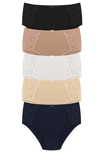 HNX 5-Piece Cotton Lace Sides High Waist Plus Size Women's Panties