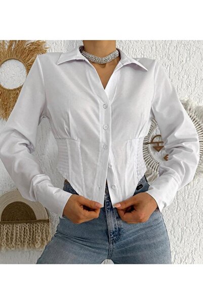 HOOPPA TİCARET Kadın Crop Gömlek Slim Fit Dar Kesim Beli Lastikli Beyaz