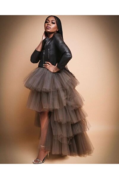 INDRESS Kadın Yırtmaçlı Koyu Bej Tül Etek