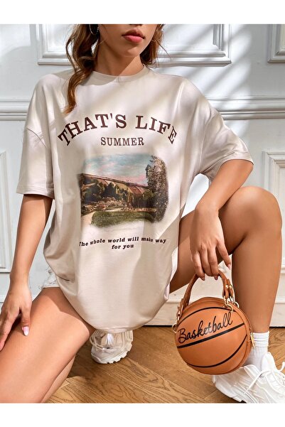Keywest Plus Size 'thats Life' Summer Front Štampano Oversize kroj Bež T-shirt