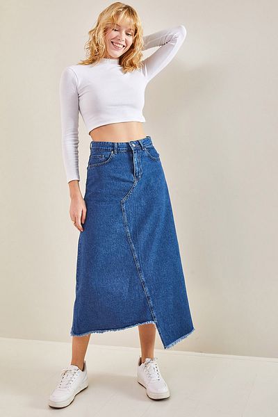 Bianco Lucci Damen-Jeansrock mit symmetrischem Muster und Quasten