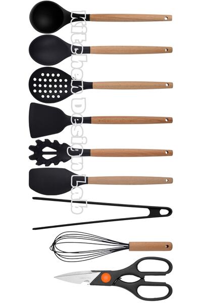 Kitchen Design Lab Siyah Bambu Silikon - Kepçe, Kaşık, Kevgir, Makarna, 2 Spa...