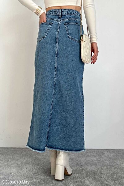 TheNeva Qustyle Kadın Önden Yırtmaçlı Uzun Kot Etek Mavi