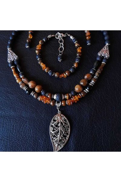 Asteria Elite Lava Stone Tiger Eye Amber Power, Courage and Peace Jewelry Set