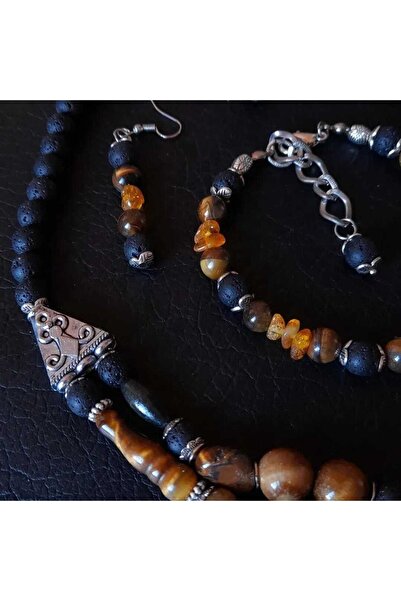 Asteria Elite Lava Stone Tiger Eye Amber Power, Courage and Peace Jewelry Set