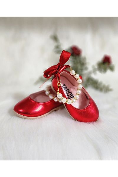 patik ayakkabı Girl's Ballerinas with Red Pearls