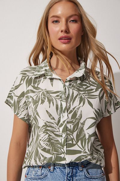 Happiness İstanbul Women's Green Floral Patterned Short Sleeve Viscose Shirt BH00408