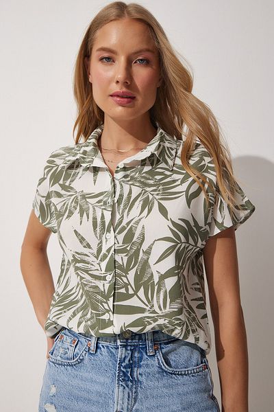 Happiness İstanbul Women's Green Floral Patterned Short Sleeve Viscose Shirt BH00408