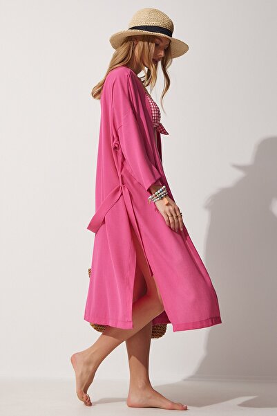 Happiness İstanbul Dámské tmavě růžové páskové viskózové kimono DD00958