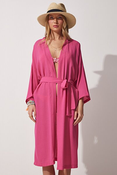 Happiness İstanbul Dámské tmavě růžové páskové viskózové kimono DD00958