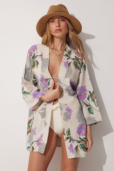 Happiness İstanbul Beigefarbener, fliederfarbener Kimono aus Leinen-Viskose mit Muster für Damen BH00381