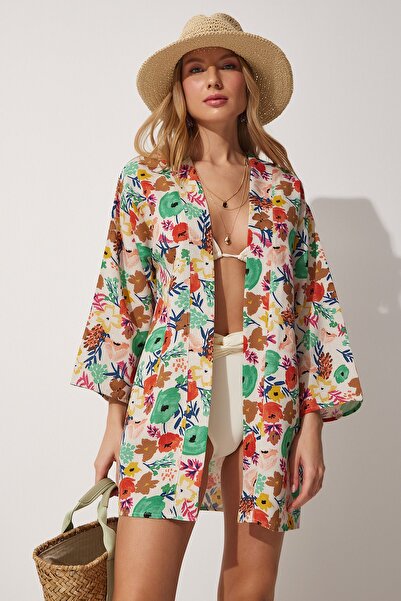 Happiness İstanbul Women's Beige Brown Patterned Linen Viscose Kimono BH00381