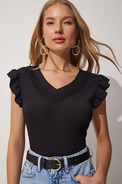 Happiness İstanbul Women's Black Laced Flounce V-Neck Knitted Blouse DD01184