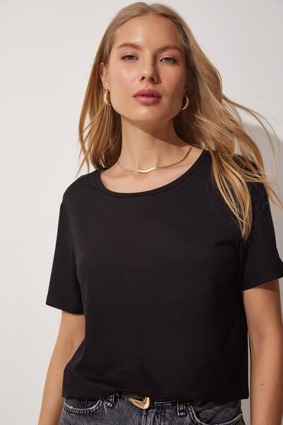 Happiness İstanbul Dámské černé tričko s viskózovým výstřihem na člunu UB00039